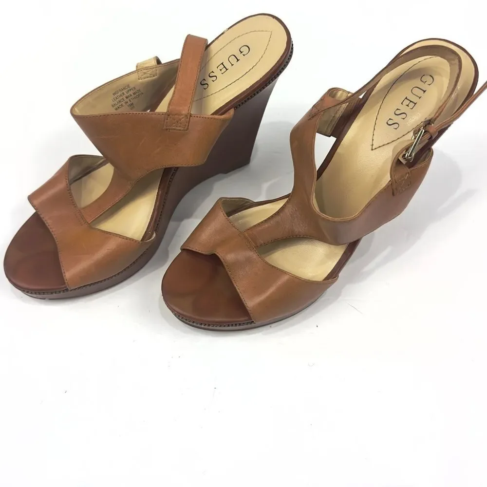 Guess WGFRANCIE Brown Leather Wedge Open Toe Strappy Sandals Women's Sz 10M